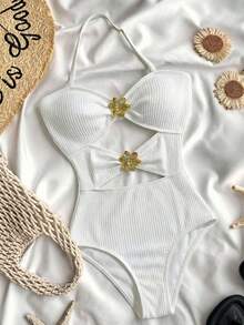 SHEIN Teen Girls Black 1pc Detachable Strap Hollow Starfish Accent Ruched One-Piece Swimsuit Summer,Beach - Apricot - View 1