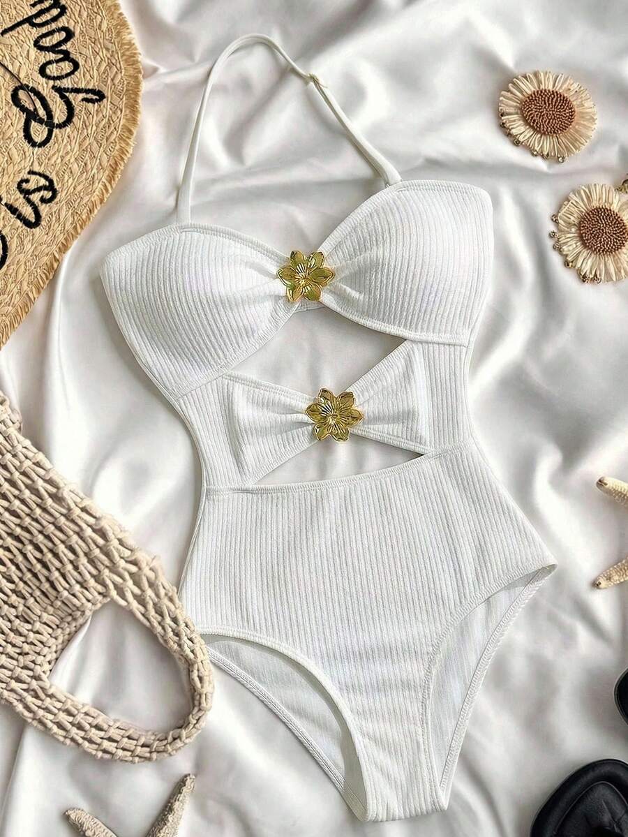 SHEIN Teen Girls Black 1pc Detachable Strap Hollow Starfish Accent Ruched One-Piece Swimsuit Summer,Beach - Apricot - View 1