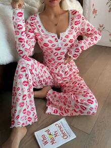 Dream Adore Lace Trim Square Collar Red Lip Print Jacquard Knit Long Sleeve Pajama Set - Beige - View 7