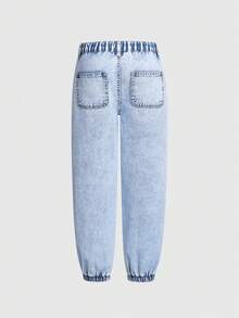 Tween Girls 2-Piece Denim Outfit,Light Blue Hooded Cropped Sweatshirt & Jogger Pants,Autumn Streetwear School Back-To-School Casual Daily Wear Set - Light Wash - View 6