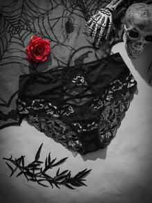 SHEIN Plus Size Women Milk Silk & Contrast Lace Fashion Panties - Black - View 5
