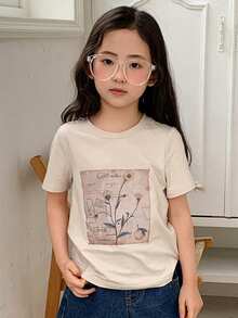 Dazy Kids Young Girls Round Neck Solid Color Casual Short Sleeve Printed T-Shirt, Summer Easter - Apricot - View 5