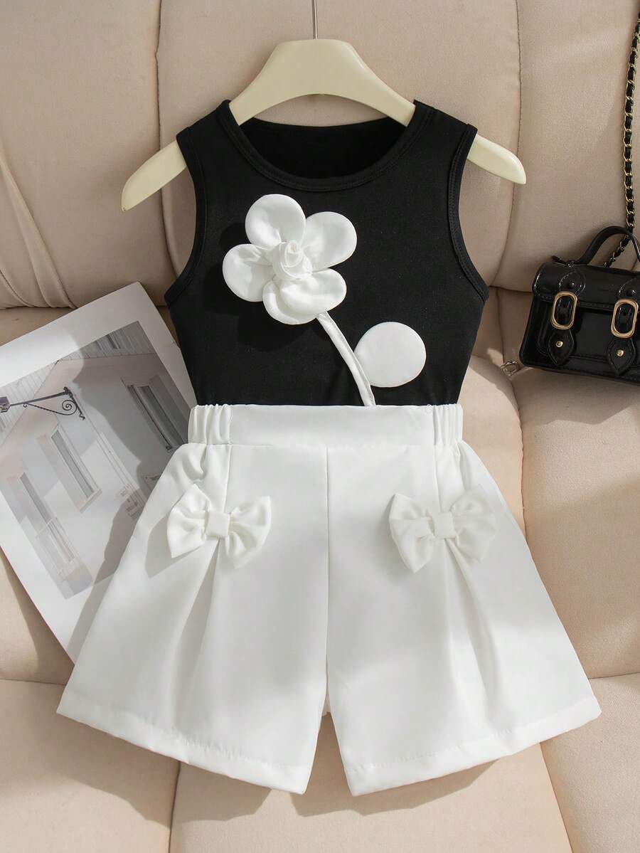 SHEIN 2pcs/Set Young Girl Knitted Sleeveless Vest With Pleated Flower Shorts, Fashionable And Summer Outfit - Black and White - View 1