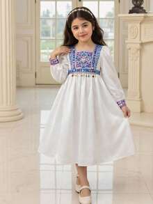 SHEIN جلابياتjalabiya Tween Girls' Fashionable & Elegant Square Neck Short Sleeve Dress Kids Arabic Dress Girls Modest Dress - White - View 2