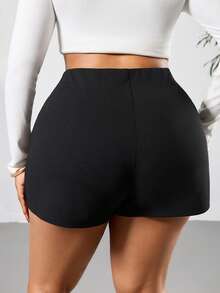 SHEIN PETITE CURVE 大码女式纯色不对称下摆休闲短裙，黑色，适合夏季、情人节、狂欢节、派对、日常通勤、办公室、毕业典礼、学校等场合穿着。 - 黑色 - 查看 2