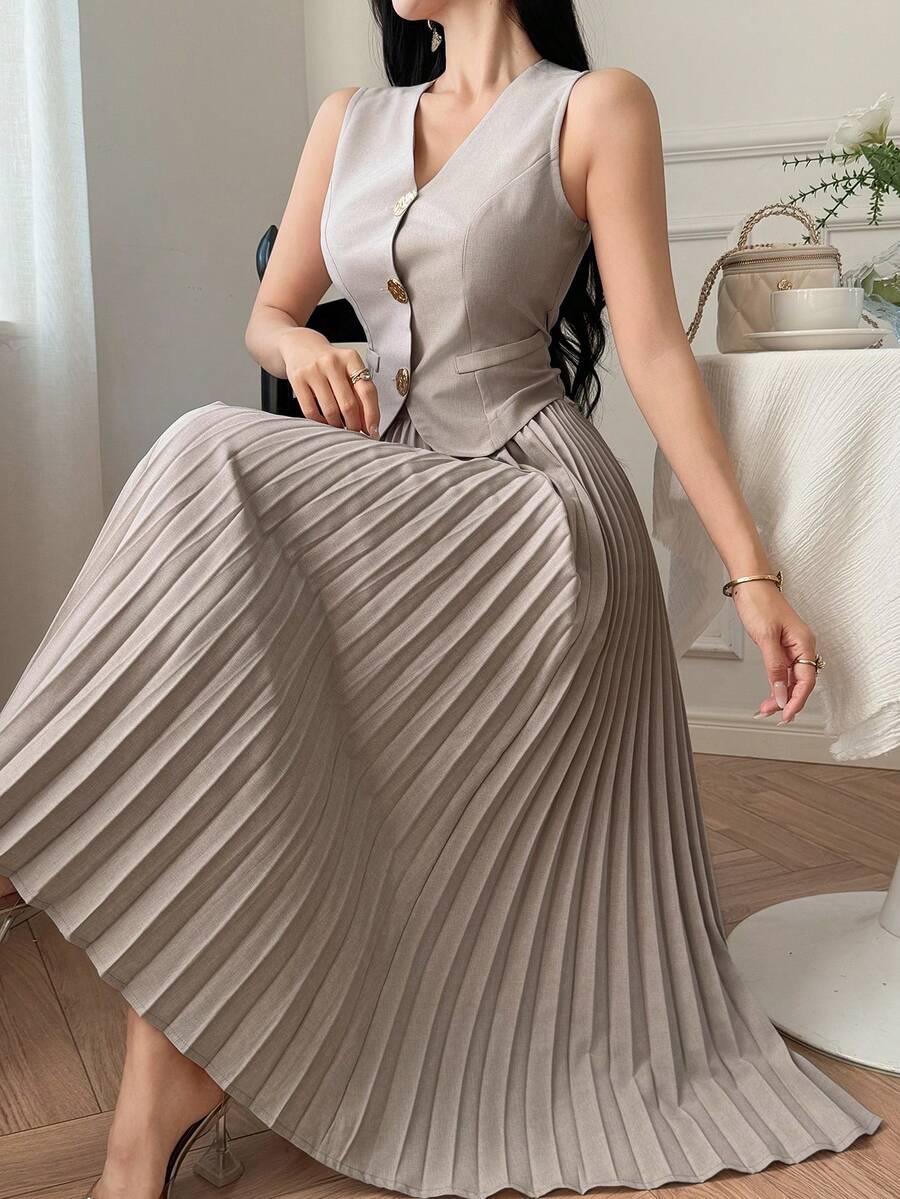 Women's Casual Solid Color Faux Pocket Pleated Vest & Skirt Suit Set, Summer Spring,Wedding Guest Dress Women - Beige - View 1