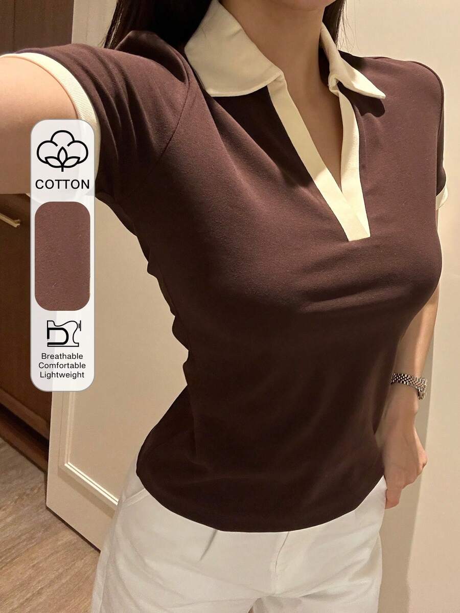 DAZY Contrast Trim Polo Neck Tee - Coffee Brown - View 1