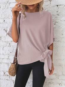 Flexra Áo sơ mi nữ cổ tròn màu trơn, thiết kế thắt nút, kiểu dáng thường ngày đa năng. - Hồng - Xem 3