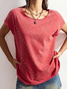 Bohemela Camiseta de mujer de cuello redondo de punto liso rojo con decoración de rhinestones y acabado lavado, ideal para el Día de San Valentín, vacaciones y verano - Naranja Coral - Ver 2