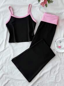 Conjunto de top de tirantes y pantalones a juego en contraste de color negro y rosa para adolescentes, adecuado para primavera/verano. Conjunto acanalado de 2 piezas, conjunto de entrenamiento para chicas, conjunto de entrenamiento acanalado, conjunto de entrenamiento negro y rosa, conjunto de yoga de dos piezas, conjunto de entrenamiento para mujeres - Multicolor - Ver 5