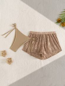 Swim SXY Conjunto de bikini de punto de textura de fondo con nudo de hoja sólida marrón para fiestas y vacaciones, falda de playa sexy para Año Nuevo, traje de baño elegante inalámbrico de verano para mujeres - Camel - Ver 4