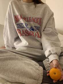 DAZY Letter Print Thermal Lined Crew Neck Sweatshirt, Versatile - Light Grey - View 3