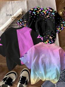 SHEIN Bộ 3 áo thun nữ phong cách thường ngày, đường phố, in hình hoạt hình dễ thương, họa tiết ban nhạc nữ, màu nhuộm ombre pastel, phối đen và tím, cổ tròn, tay ngắn, thích hợp cho mùa xuân/hè. - Nhiều màu - Xem 2