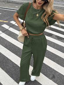 Serisse 蝙蝠袖露脐上衣和抽绳腰裤，纹理面料两件套 - 薄荷綠 - 查看 7