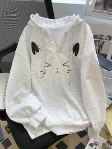 Resyla Women's Casual Cat Print Drawstring Hooded Drop Shoulder Sweatshirt, Autumn - Grey - View 1