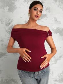 MaterniChic Maternity Clothes Maternity  Tops Summer Pregnant Clothes Red Maternity T-Shirt, Off-The-Shoulder, With Metal Buckles, Romantic And Perfect For Dates, Highly Elastic And Elegant - Red - View 1