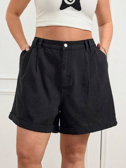 SHEIN CURVE+ Plus Size Plain Simple Casual Denim Shorts Summer Carnival Costume Commuting Vacation Graduation Chic Y2k Cute Streetwear Coquette Party Wedding Elegant Business Casual Woman Women Black High Waisted Pleated Denim Shorts With Pockets Casual Loose Fit Summer Style Casual Black Denim Women Shorts High Rise Pleated Front Relaxed Fit Cuffed Hem Design
