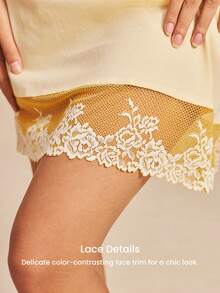 LUVLETTE 柔软 100% 纯棉 奢华蕾丝领口细节吊带睡裙内衣 - 黃色 - 查看 4