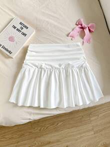 SHEIN Chân váy ngắn đơn giản, ngọt ngào, viền bèo nhún, màu trơn, đa năng dành cho bé gái tuổi teen. - trắng - Xem 4