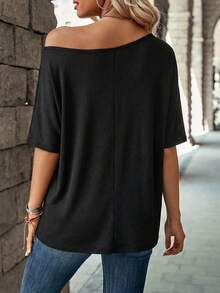 SHEIN LUNE Áo thun ngắn tay nữ chất liệu gân nổi, kiểu dáng lệch vai, hàng mới về, thích hợp cho mùa Xuân/Hè. - màu đen - Xem 2