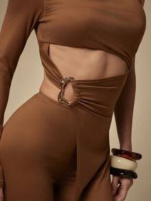 Hauture Amber Brown Cut Out Asymmetrical Panel One Shoulder Jumpsuit - Brown - View 2