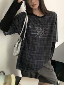 DAZY Women's Round Neck 2 In 1 Plaid Casual Long Sleeve T-Shirt With English Print And Mesh, Suitable For Spring And Autumn - Grey - View 4