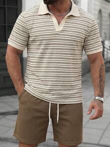 Manfinity Homme 男士舒适条纹提花经典短袖 Polo 衫和弹力抽绳短裤两件套，适合春秋季休闲、办公、居家、聚会、约会、商务、驾车或骑行等各种场合，正式或非正式皆宜，自穿或送礼皆宜，畅销经典山本系列 Polo 衫套装 - 彩色 - 查看 3