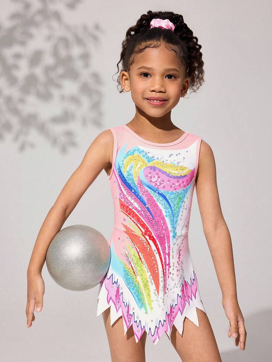 SHEIN Áo liền quần thể dục không tay in họa tiết nhiều màu sắc cho bé gái, bộ đồ liền thân khiêu vũ cho trẻ em, trang phục thời trang rực rỡ cho bé gái nhỏ và lớn, mềm mại và thân thiện với da, phù hợp cho thể dục dụng cụ, múa ba lê, yoga. - Đen và trắng - Xem 1