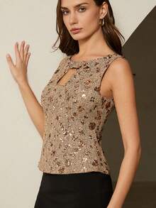 Aveloria Rosie Elegant Tweed Fabric Sequin Embroidery Design Fitted Women Top, Versatile - Khaki - View 5
