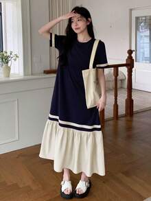 DAZY Đầm maxi nữ phối màu kiểu dáng thường ngày, thích hợp cho mùa hè, đi học, hoặc mặc cùng giáo viên. - Màu be - Xem 5