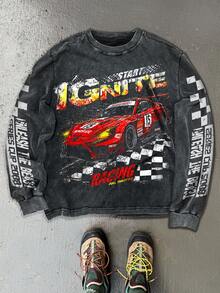 Manfinity EMRG 男士字母和赛车印花圆领长袖休闲套头卫衣 - 黑色 - 查看 1