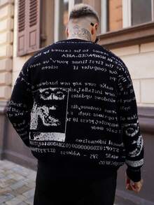 Artur Kramer Unisex Retro Abstract Letter Pattern Knitted Long Sleeve Cardigan, Casual European & Asian Style, Suitable For Spring, Autumn, Winter - Black - View 2