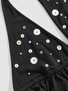 ROMWE Spring/Summer Y2K Sexy Tie-Up Button Design Women Halter Top - Black - View 2