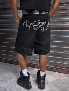 AXEPEAK Quần short denim nam có túi, cài nút, họa tiết chéo, kiểu dáng thường ngày đa năng. - màu đen - Xem 4