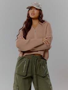 MUSERA Ribbed Knit Graphic Detail Zip Through Cardigan Hoodie Streetwear Coolgirl Winter Sexy Casual Odd Drift - Khaki - View 5