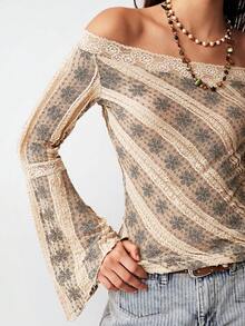 Bohemela Casual Knitted Pattern Lace Off-Shoulder Long Sleeve Slim Fit Women's T-Shirt Valentines For Women Valentine's Day Summer Elegant Spring Women Summer - Apricot - View 3