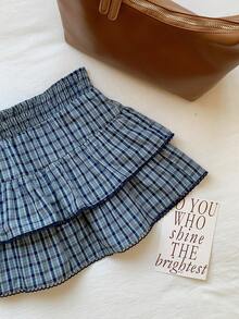 Comfortcana 2026新款春夏时尚女式休闲格子荷叶边迷你裙，夏季女式海滩度假风，2000年代风格 - 藏蓝色 - 查看 6