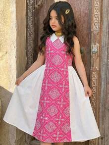 SHEIN Tween Girl Embroidered Woven Contrast Color Ditsy Floral Round Neck A-Line Dress,White,Summer,Cute,Elegant,Party,Vacation,Holidays,Special Occasions - Pink - View 8