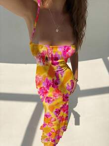 Aloruh 女士优雅橙红色花卉度假风全印花露背吊带连衣裙，适合海滩、度假村、郊游、旅行，时尚别致 - 白色 - 查看 7