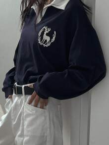 DAZY 女士休闲宽松落肩 T 恤，绣有鹿图案，图案 T 恤，返校服