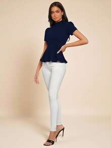 Amorya Women's Elegant Elegant Office Commute Minimalist Solid Color Stand Collar Short Sleeve Peplum Hem T-Shirt, Summer - Navy Blue - View 4