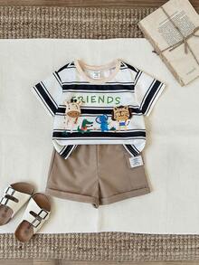 SHEIN 2pcs/Set Baby Boy Cute Cartoon Character Striped Short Sleeve T-Shirt And Khaki Casual Shorts Set, Summer - Multicolor - View 5