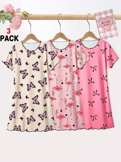 3-Pack Tween Girls Pajama Sets, Flamingo & Bow Print Knit Contrast Color Ruffle Trim Simple Stylish Short Sleeve Nightgowns