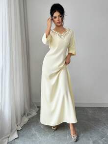 Yasmyna 女士优雅阿拉伯风格连衣裙，肩袖饰有串珠 - 杏色 - 查看 6