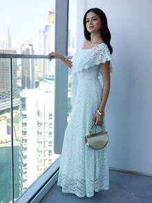 Feyla 女士纯色斜肩蕾丝优雅长裙 - 綠色 - 查看 7