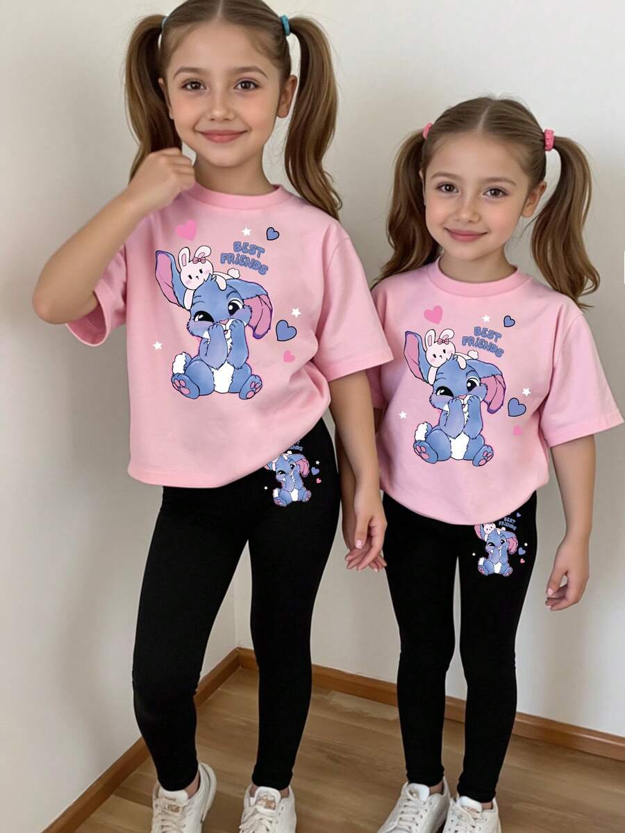 2件套女童休闲可爱卡通兔子字母图案印花T恤和紧身裤套装 - 彩色 - 查看 1