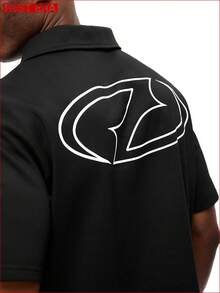 Rest Era Men's Casual Everyday Commute Graphic Print Short Sleeve Polo Collar Shirt, Black Loungewear Top