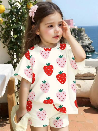 Spring & Summer Baby GirlCasual Fashion Creative Strawberry & Leaf Print T-Shirt And Bike Shorts Set, Comfortable Outfit