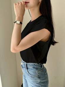 DAZY Áo thun tay cánh dơi trơn, trang phục công sở giản dị cho nữ - màu đen - Xem 5