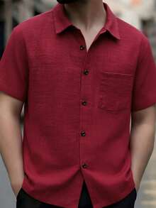 Vacaura 1pc Burgundy Pocket Front Short Sleeve Shirt, Summer Wear For Teens Burgandy Casual Shirt Burgundy Shirt Teen Boys Casual Shirt For Boys Red Shirt Teen Boys Red Shirt - Burgundy - View 2